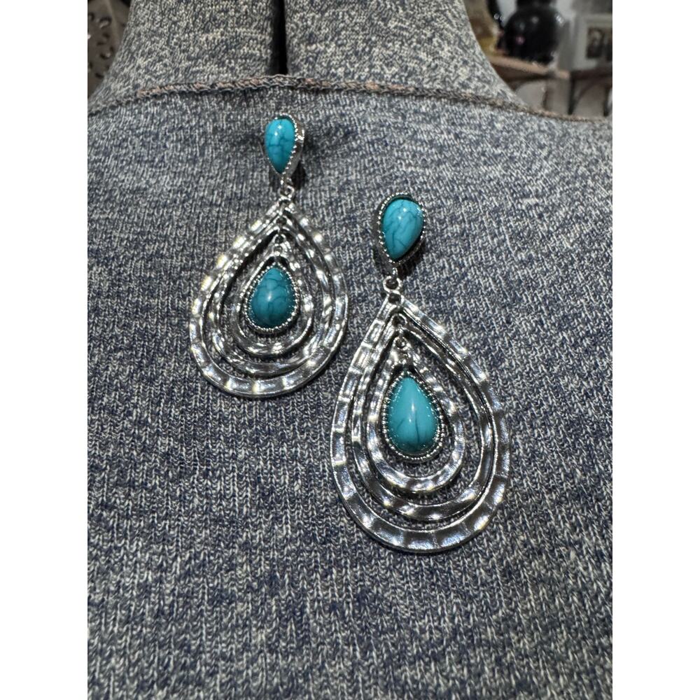 Silver tone and blue stone 2.5” earrings